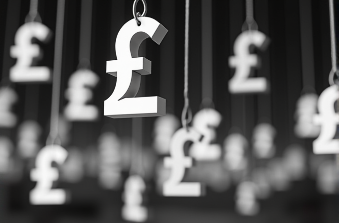 A collection of three-dimensional pound (£) symbols are suspended from strings against a blurred dark background, with a large symbol in focus.