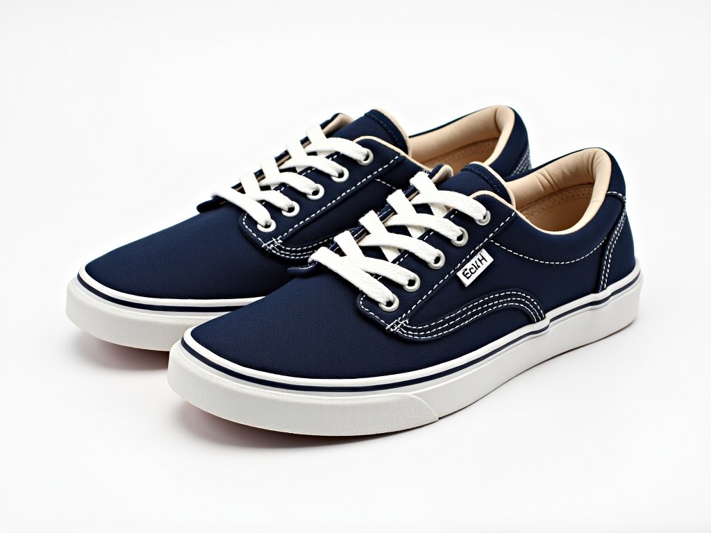 The image features a stylish pair of sneakers. They have a navy blue canvas upper, complemented by a white rubber sole that is textured. The sneakers are designed with white laces and stitching, giving them a classic look. The interior of the shoe appears to be lined with a beige material, adding a cozy touch. The overall design is casual and versatile, suitable for various outfits.