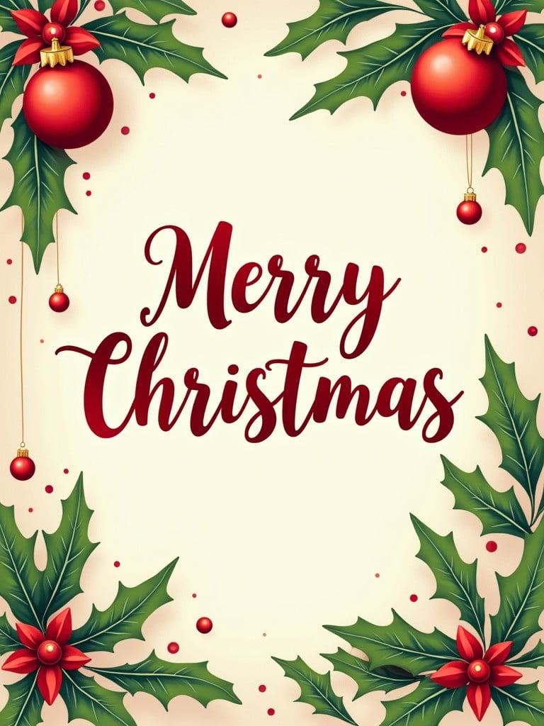 Design features typography emphasizing Merry Christmas. Border decorated with holly leaves and red ornaments. Bright colors create a cheerful atmosphere for festive occasions.