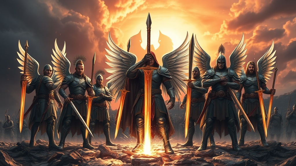 This digital artwork features a line of armored, winged warriors holding glowing swords, all standing resolute against a dramatic sunset. Their wings are majestic and luminous, casting an ethereal glow. The sky behind them is filled with swirling clouds, tinged with warm hues of orange and gold, adding to the epic, otherworldly feel.