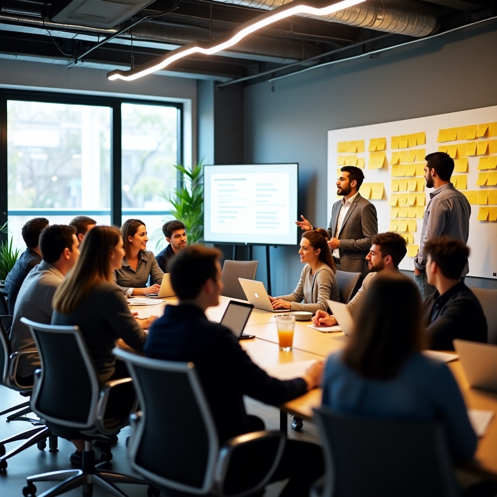 This image showcases a dynamic modern office environment. It features a vibrant workspace where teamwork and collaboration are at the forefront. A team is actively delivering a PowerPoint presentation to their colleagues. In addition, a group is engaged in a workshop, utilizing sticky notes on a kanban board. Nearby, professionals socialize around a coffee machine, adding to the lively atmosphere. This setup highlights creativity and high engagement in a multi-generational workplace, exemplifying the essence of productive teamwork.