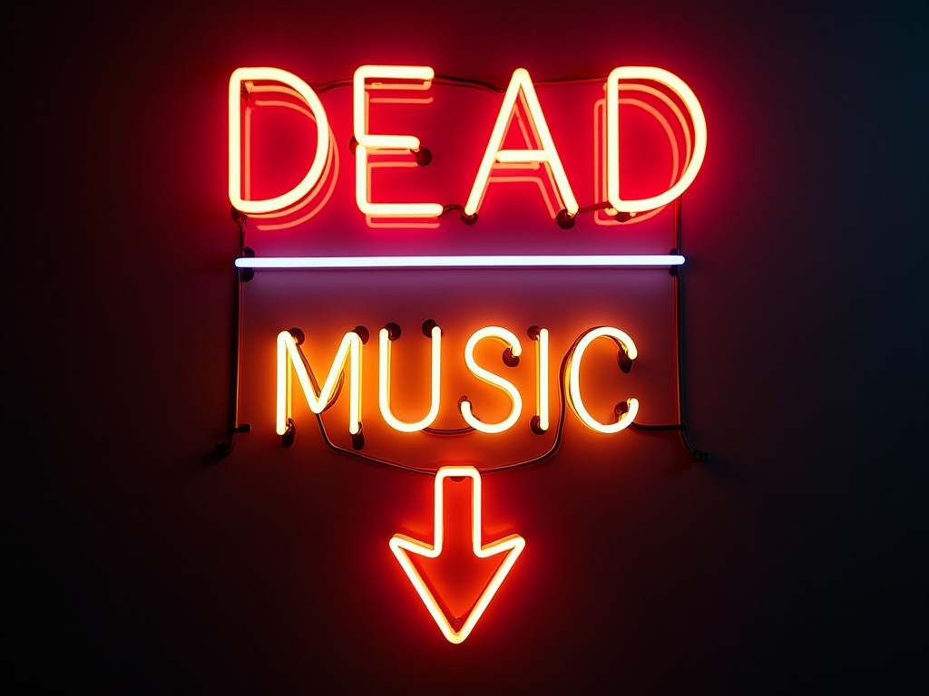 The image features a vibrant neon sign with the text 'DEAD' on the top line and 'MUSIC' on the bottom line. An arrow points downward, adding emphasis to the message. The neon colors, primarily red and orange, create a striking contrast against a dark background. This sign is an eye-catching element suitable for music venues or events. It evokes an edgy aesthetic often associated with live music culture.