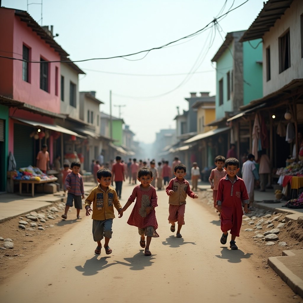 Wide shot of a bustling, impoverished neighborhood with children playing in the streets. Location in Androon Rawalpindi.