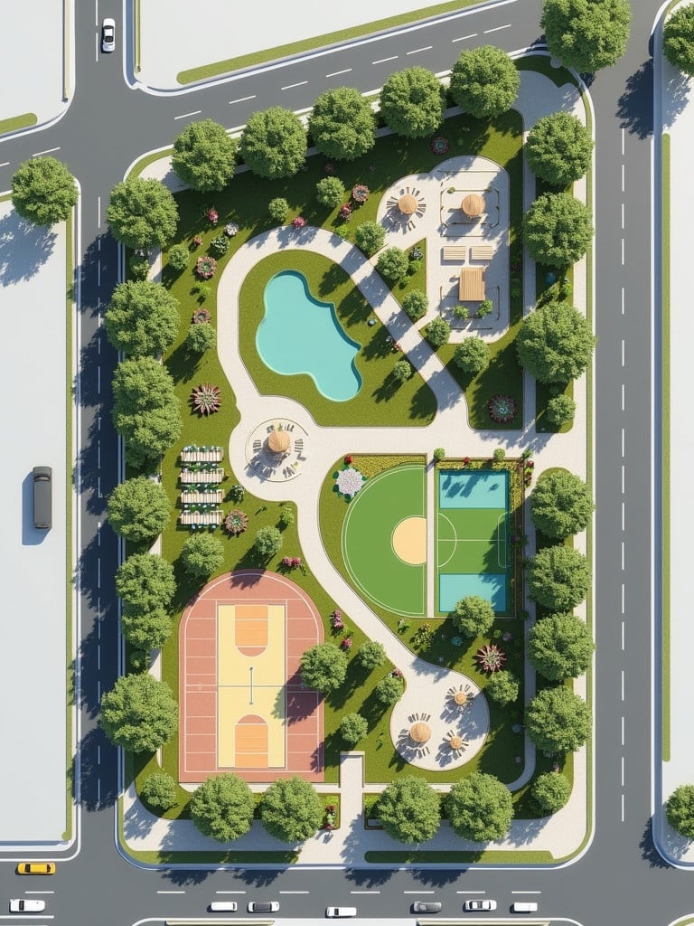 Master plan layout of a 6-hectare park with a public space featuring trees and seating. Includes a commercial zone with restaurants, a marketplace, sports facilities, and parking areas. Park layouts designed for accessibility with pedestrian paths. Green landscapes with trees are included.