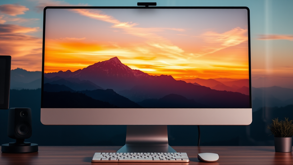 A desktop monitor displays a stunning sunset mountain landscape, with vibrant orange and yellow hues, set on a wooden desk beside speakers and a small plant.