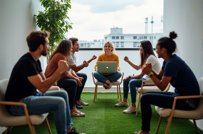 A group of people sit together on green grass inside, engaging in a lively discussion.