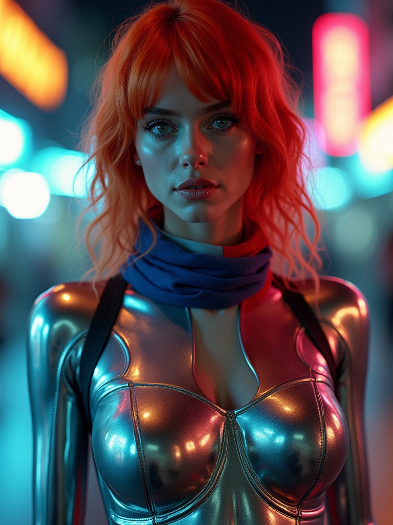 Hyper-realistic sci-fi photo of a red-haired female superhero with a chrome cyborg body. She wears a scarf with French flag colors. Image exhibits cinematic style. Shot on 120mm with Hasselblad camera. Neon light and cross-processed colors enhance the visual appeal.