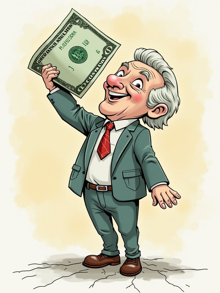 Illustration depicts a small character in a suit presenting a dollar bill. The character is shown as confident and proud. The background is light, enhancing the character's features. The dollar bill is the focal point.