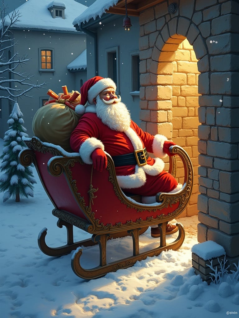 Santa Claus in a sleigh trying to enter through a portal in an urban setting stuck by a large bag of toys.