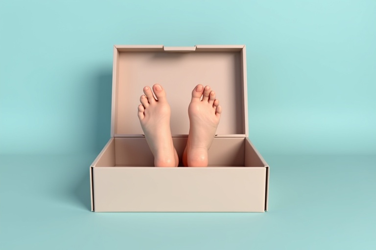 Realistic female feet inside a neatly placed box. Feet are well-groomed. Soft pastel blue background.