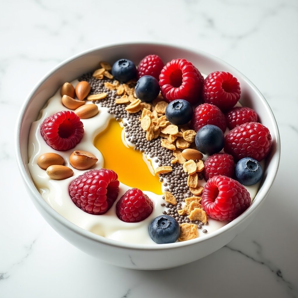 A yogurt bowl filled with raspberries, blueberries, hazelnuts, granola, chia seeds, and honey.