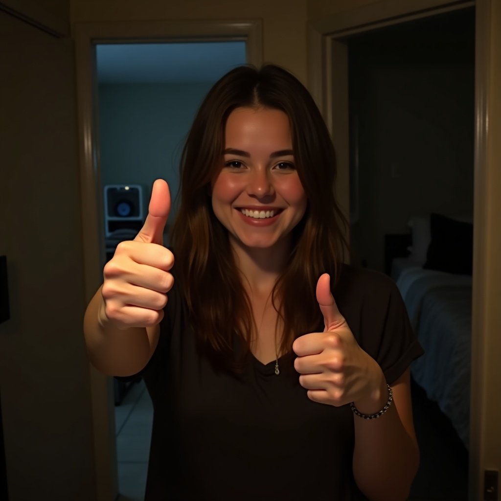 Young person makes thumbs-up sign. Nighttime. Bathroom setting. Front-facing camera. Phone held toward light source. Illumination highlights features. Dark bedroom background. Portrait orientation, 16:9 aspect ratio.