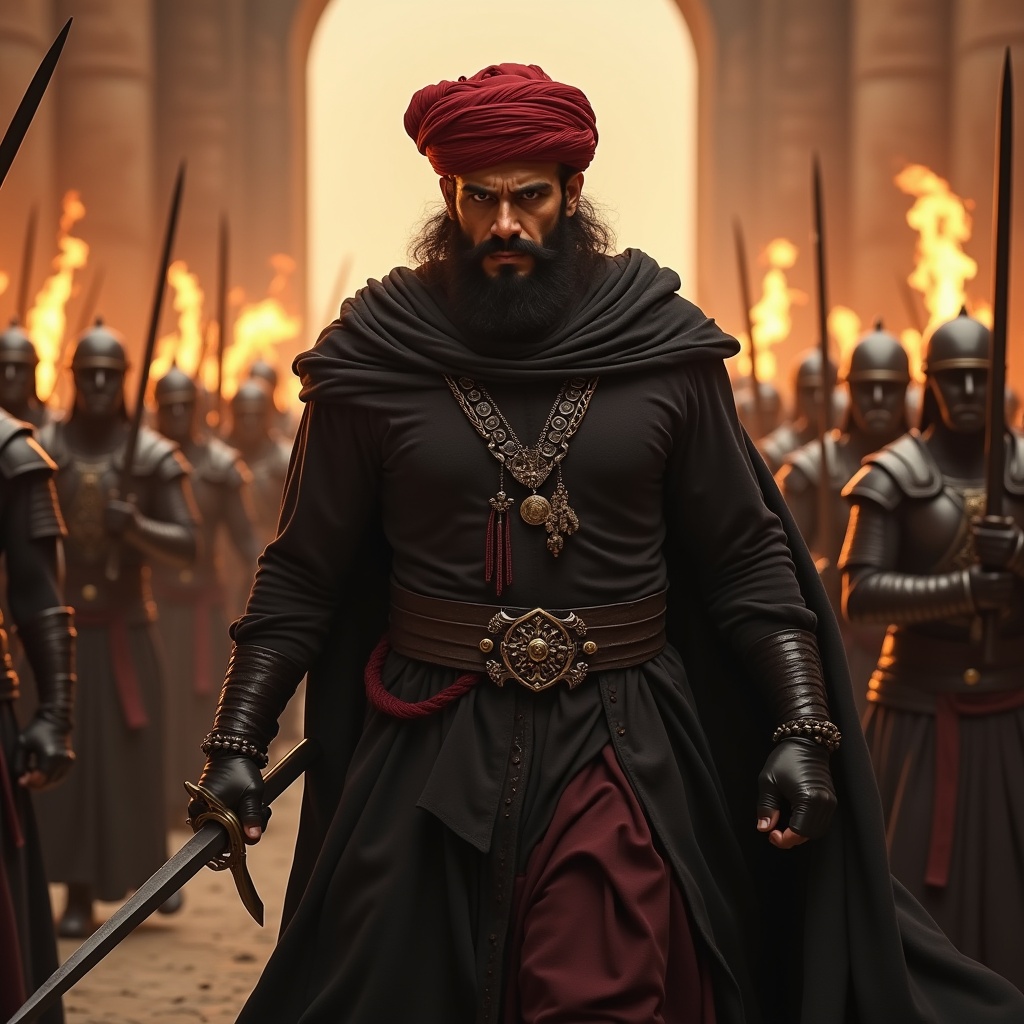 A character named Banvir dressed in black attire with a red turban wields a sword. He storms into a palace surrounded by ruthless soldiers. His expression shows aggression with furrowed brows. Soldiers accompany him, holding torches and swords.