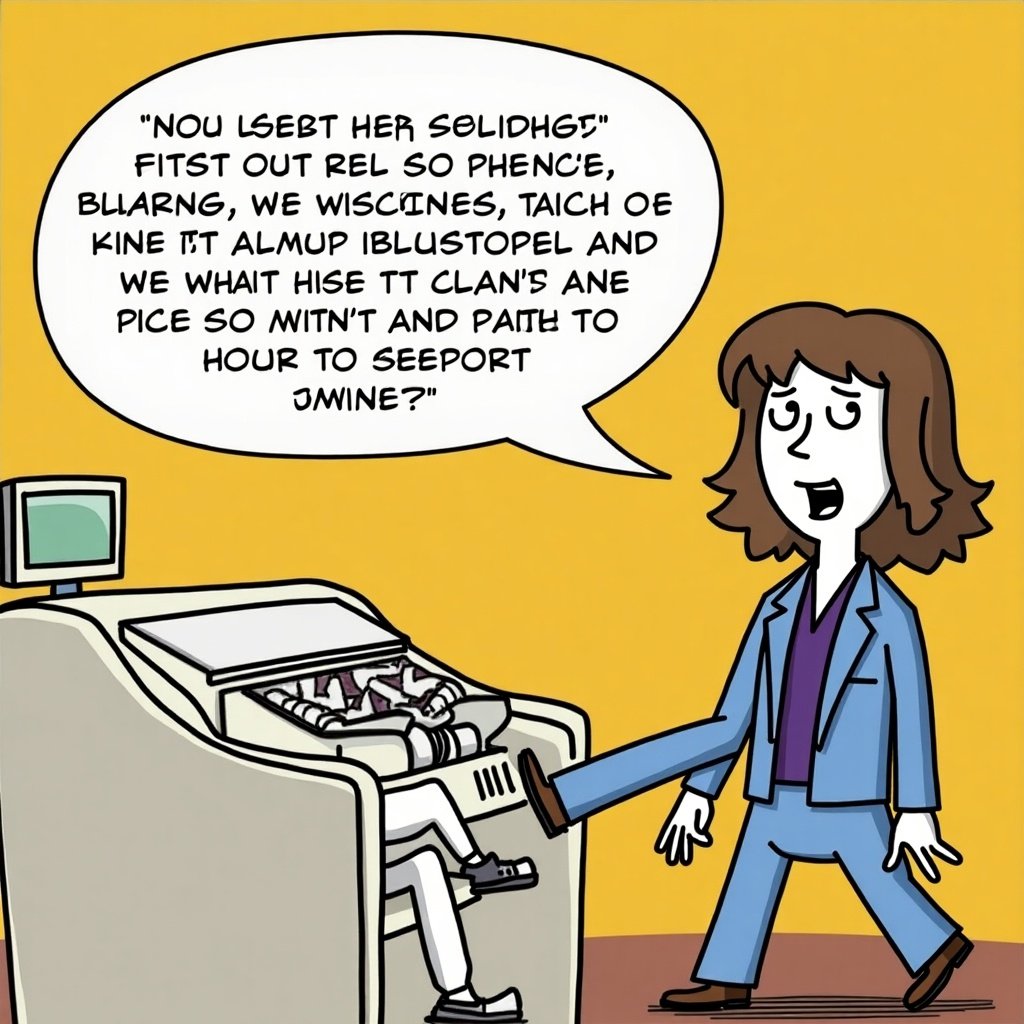 A cartoon image showing two characters involved in a humorous dialogue. One character appears to be seated and connected to a machine, while the other stands next to them in business attire. The scene includes a speech bubble with humorous text, showcasing a playful interaction.