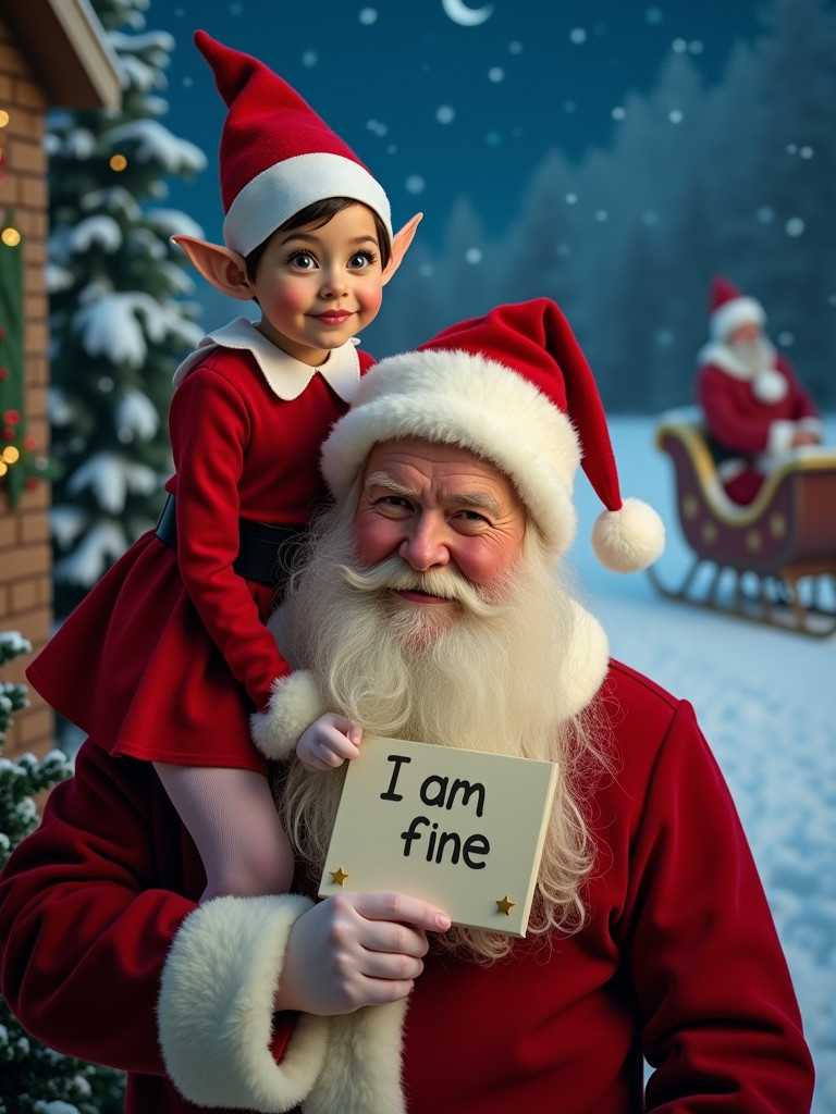 Christmas scene featuring Santa Claus and a female elf in a festive setting. The elf is wearing a red outfit with a matching hat. She is sitting on Santa's shoulder and holding a sign that says I am fine. A beautiful night sky and Santa's sleigh can be seen in the background.