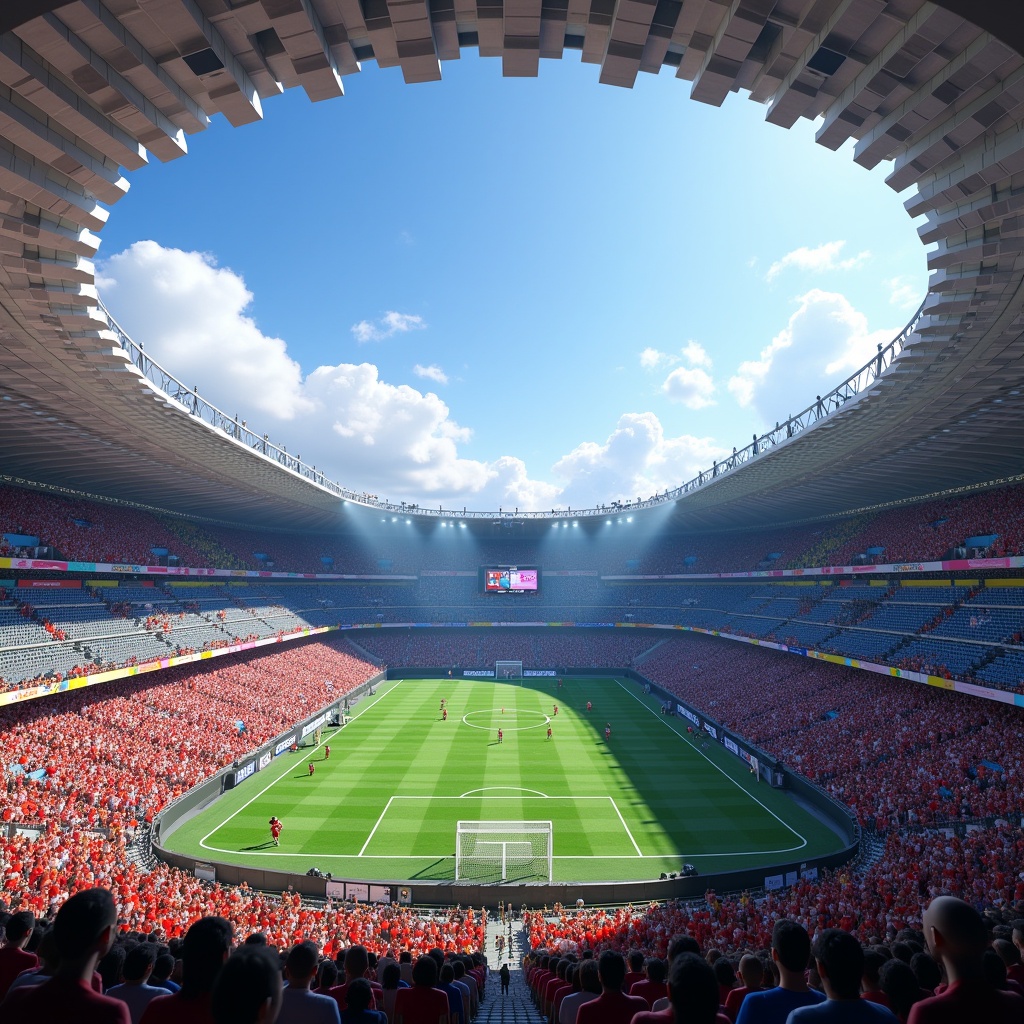 Large Minecraft stadium designed for soccer with 150,000 capacity. Built using Minecraft blocks. Features grand architecture and vibrant seating colors. Bright blue sky with fluffy clouds. Busy football game on the field with an enthusiastic crowd.