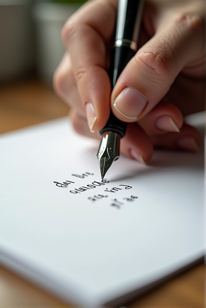 A close-up of a hand elegantly writing on paper with a fountain pen.