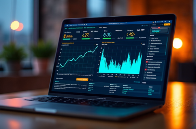 A laptop displaying colorful graphs and data analytics on the screen in a dimly lit room.