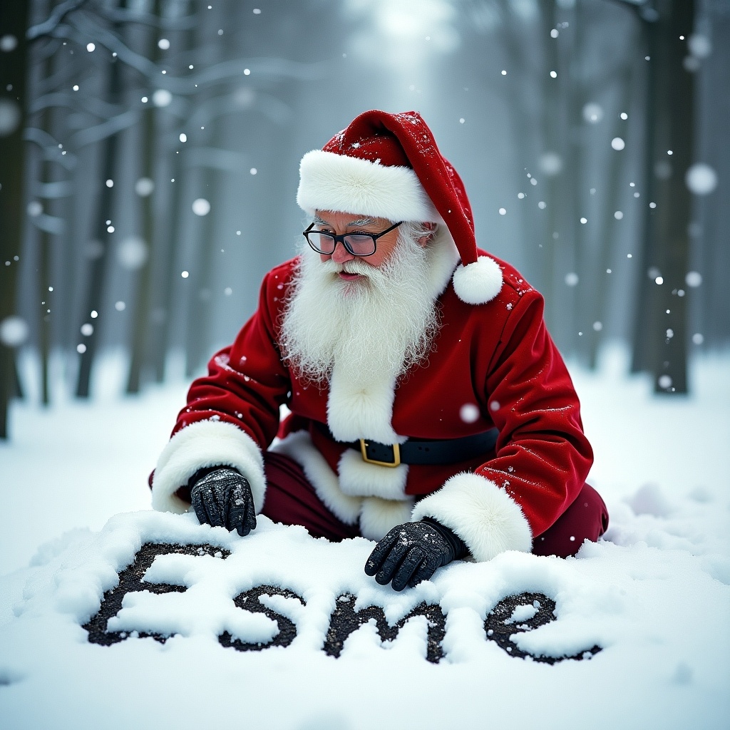 The image features a traditional depiction of Santa Claus in a snowy forest setting. He is dressed in a classic red suit with a fluffy white trim and a matching hat. Santa is kneeling in the fresh snow, writing the name 'Esmé' with his gloved hands. Snowflakes are gently falling around him, creating a magical winter scene. The backdrop includes tall trees, adding to the serene atmosphere of a snowy day. This moment captures the spirit of Christmas and the joy of personalized messages from Santa.