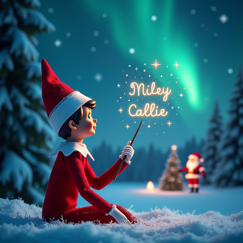 An enchanting Christmas scene with an elf on the shelf. The elf gazes upwards while using a wand to write names in the night sky. The background features stunning northern lights and a distant Santa Claus. The ground is covered in snow, creating a serene winter setting.