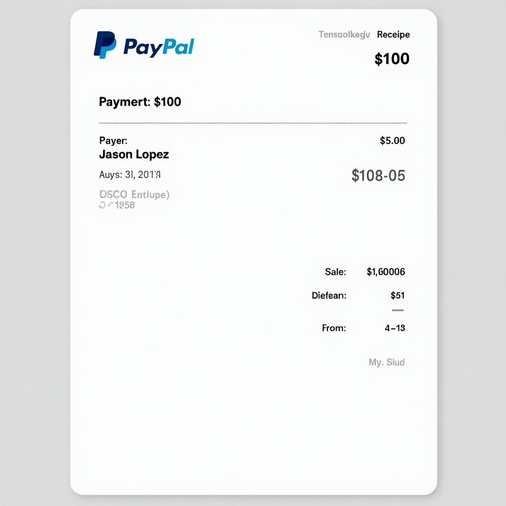 PayPal payment receipt showing a transaction for $100 to Jason Lopez. Document includes the PayPal logo, payer details, transaction amount, and transaction number. Clean design suitable for online payments.