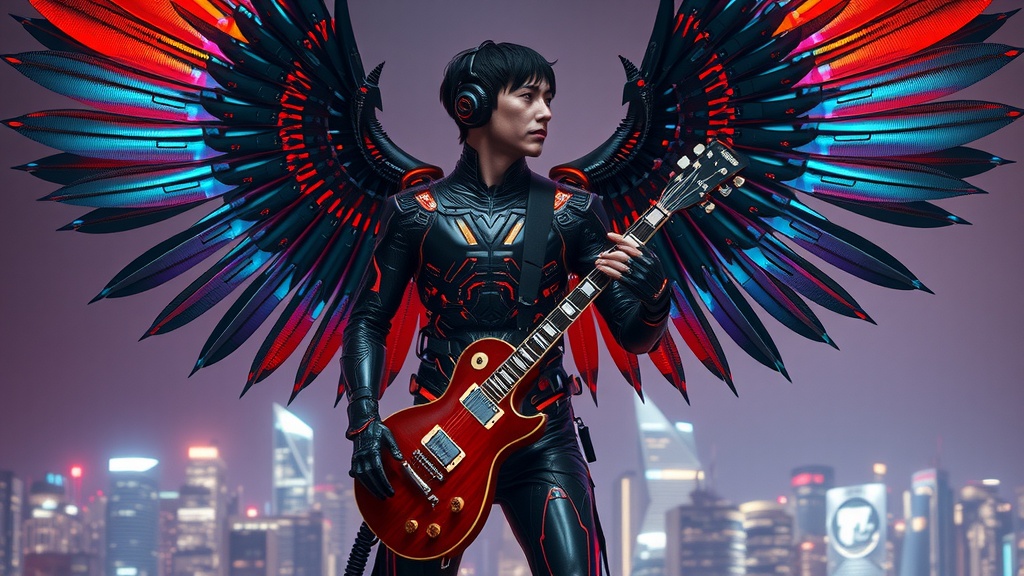 This electrifying digital art piece portrays a futuristic figure with metallic, cybernetic wings standing amidst a neon-lit cityscape. Holding an electric guitar, the figure is dressed in a sleek, high-tech outfit, with bright red and blue hues dominating the color palette, reflecting off the wings and the city skyline in the background. The composition conveys a dynamic blend of music, technology, and urban futuristic themes.