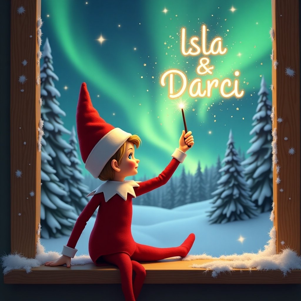 An elf on the shelf character sits on a window ledge. The elf has blonde hair and wears a red outfit. It creates sparkling magic with a wand. The background features northern lights and snow-covered trees.