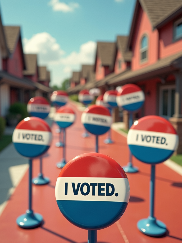 A row of 'I VOTED' signs is lined up on a brightly colored pathway in a suburban neighborhood with similar houses on either side.