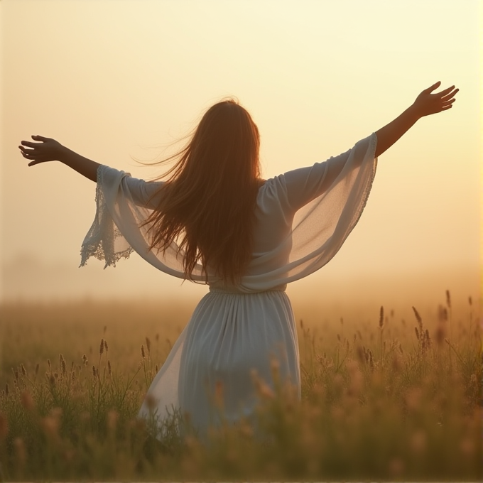 A woman in a white dress stands in a field with arms outstretched towards the sunrise.