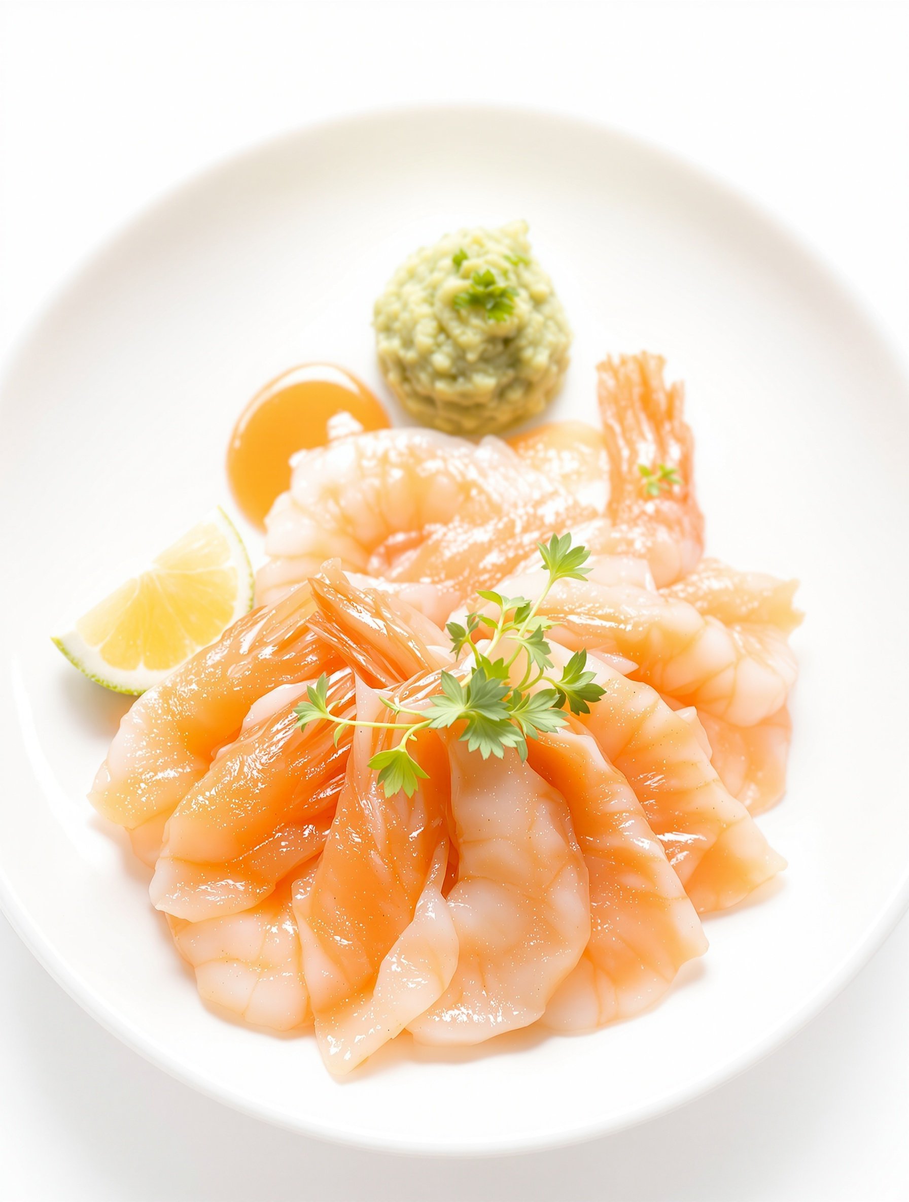 Prawn sashimi arranged in thin slices on a white plate. Smooth texture and natural sheen of the seafood visible. Garnished with wasabi, lime slice, and decorative microgreens. Realistic presentation against a white background.