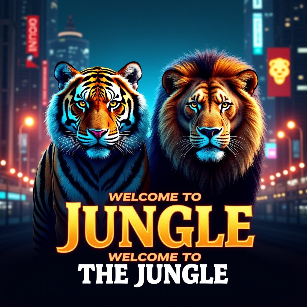 Two fierce animals in an urban environment. Tiger and lion with detailed fur and intense expressions. Nighttime cityscape with glowing skyscrapers. Neon colors and gritty atmosphere. Text at the bottom saying WELCOME TO DETROIT! WELCOME TO THE JUNGLE!