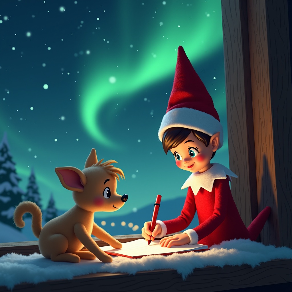 A whimsical elf sits at a wooden table, writing a letter to Santa. Beside the elf is a small, cheerful dog, eagerly watching as the elf writes. The scene is illuminated by the enchanting glow of the northern lights in the sky above. Snowy trees can be seen in the background, enhancing the festive atmosphere. This illustration captures the spirit of Christmas and childhood magic. Both characters exhibit joy and curiosity, embodying the essence of holiday traditions.