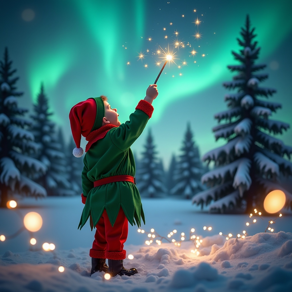 A scene showcasing a child dressed in a festive elf costume, with their back to the viewer, gazing up at the enchanting northern lights. The child holds a sparkling wand, conjuring up a name in the night sky, creating a whimsical feel. The landscape is a winter wonderland filled with snow-covered trees. In the foreground, twinkling lights enhance the magical ambiance. The overall scene radiates a cheerful and festive holiday spirit, perfect for capturing the essence of the season.