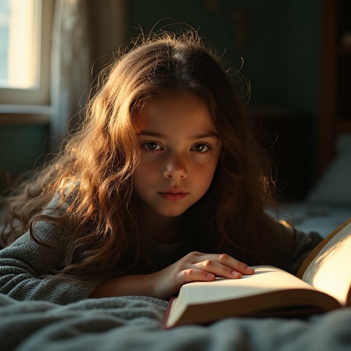 A girl ages ten with long dark brown curly hair lies on a bed reading a book. The room appears old and gloomy with warm light streaming in through the window.