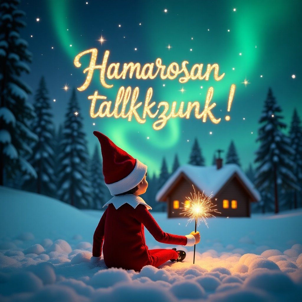 An elf on the shelf is seated on a snowy ground, with his back facing the viewer as he gazes upward. He holds a shimmering magic wand, enchanting the night sky. Above him, 'Hamarosan találkozunk!’ is written in elegant, sparkling letters amidst a backdrop of vibrant northern lights. The scene is magical, embodying the essence of Christmas, with soft snow covering the landscape and a cozy cabin visible in the background. The entire atmosphere radiates warmth and festive spirit that captures the joy of the holiday season.