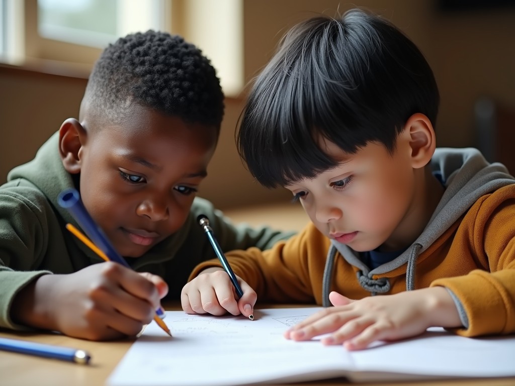 Two young children are intently focused on a drawing or writing task at a wooden desk, illuminated by soft natural light coming through a nearby window. They are working collaboratively, each holding a colored pencil over a shared piece of paper, with expressions of concentration and curiosity.