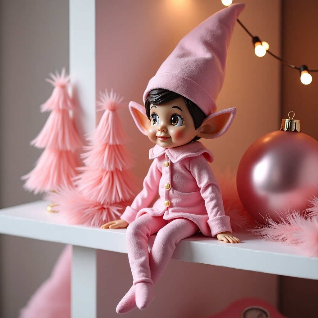 Pink elf doll wearing pink outfit and hat. Sitting on a shelf decorated with Christmas elements. Pink Christmas trees and a pink ornament in the background.