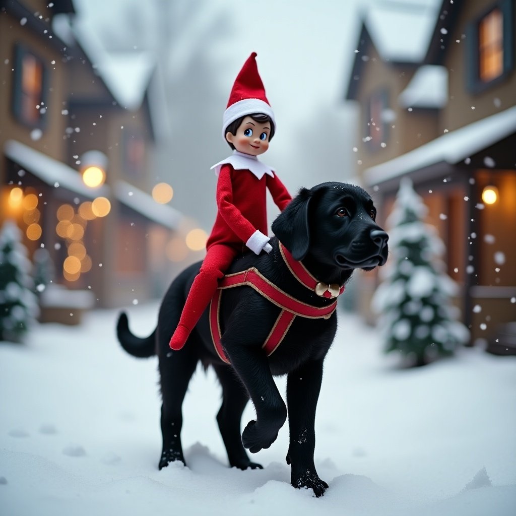 Elf on the Shelf riding a black lab puppy in a snowy Christmas village. Charming winter setting with decorated houses and snowflakes falling.