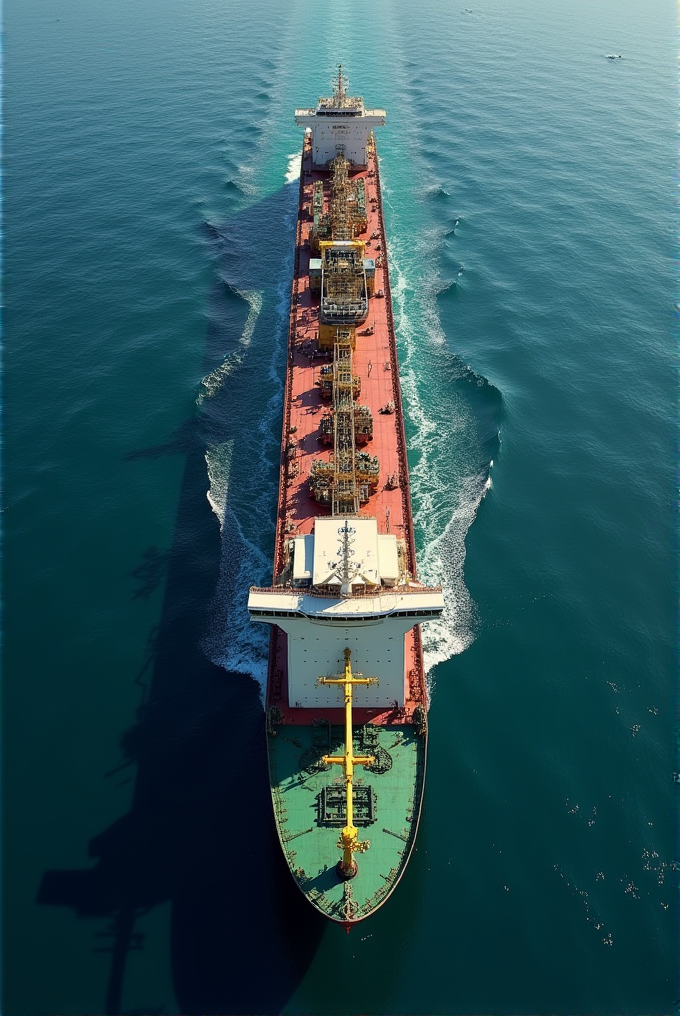 A large cargo ship sails smoothly through the calm, blue ocean.