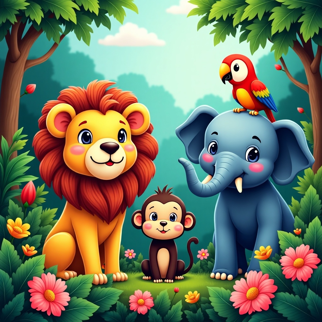 This image features a vibrant and playful scene with cartoon animals. A friendly lion with a fluffy mane stands proudly alongside a cheerful blue elephant. In the center, a small monkey is playfully positioned, while a colorful parrot rests on the elephant's head. The setting is a lush jungle, filled with blooming flowers and greenery that create a lively atmosphere. The scene radiates joy and fun, appealing to children's imaginations.