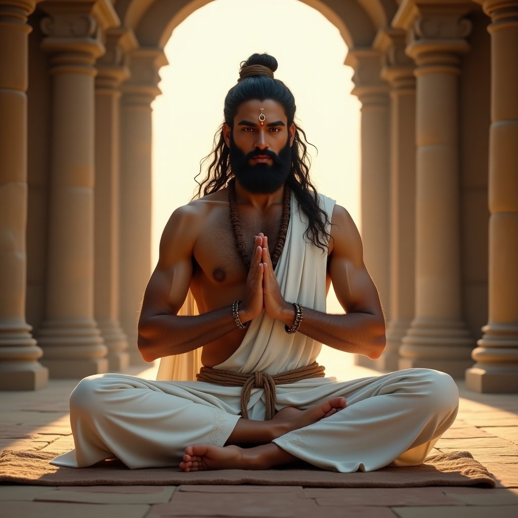 Arjuna sits in a meditative pose. Long hair tied back. Intense expression with deep eyes. Simple white attire. Surrounded by a soft divine aura. Chamber features wood and stone decor. Hands folded in a praying posture.