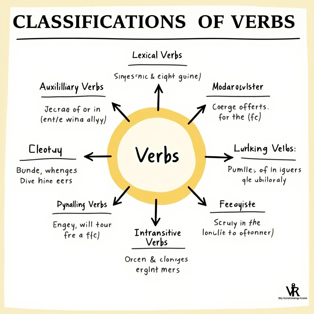 This infographic illustrates the classifications of verbs. It includes categories such as lexical verbs, auxiliary verbs, and modal verbs. Each type is defined with examples and sentences for clarity. The image is designed in a circular flow, indicating relationships and hierarchies. The design uses a bright color palette for better engagement and understanding.