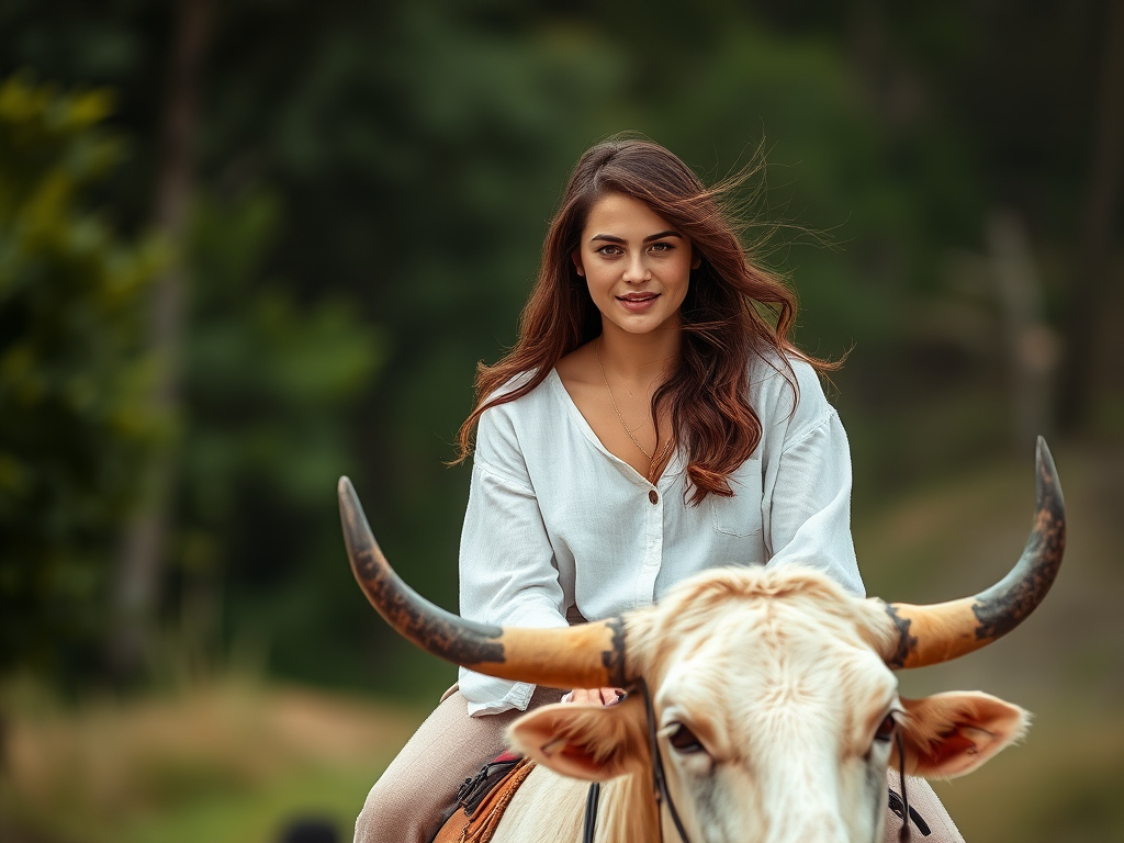 A woman rides on the back of an ox, surrounded by a lush green forest background.