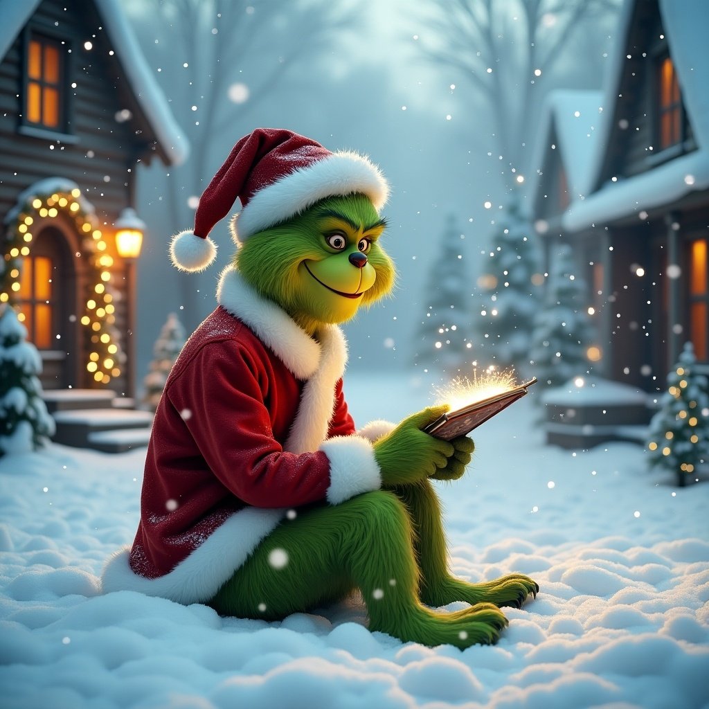 Grinch in Christmas attire sitting in a snowy landscape. Writing in the snow. Soft snowflakes fall. Cozy cottages with lights surround. Moment showcases creativity and spirit of giving.