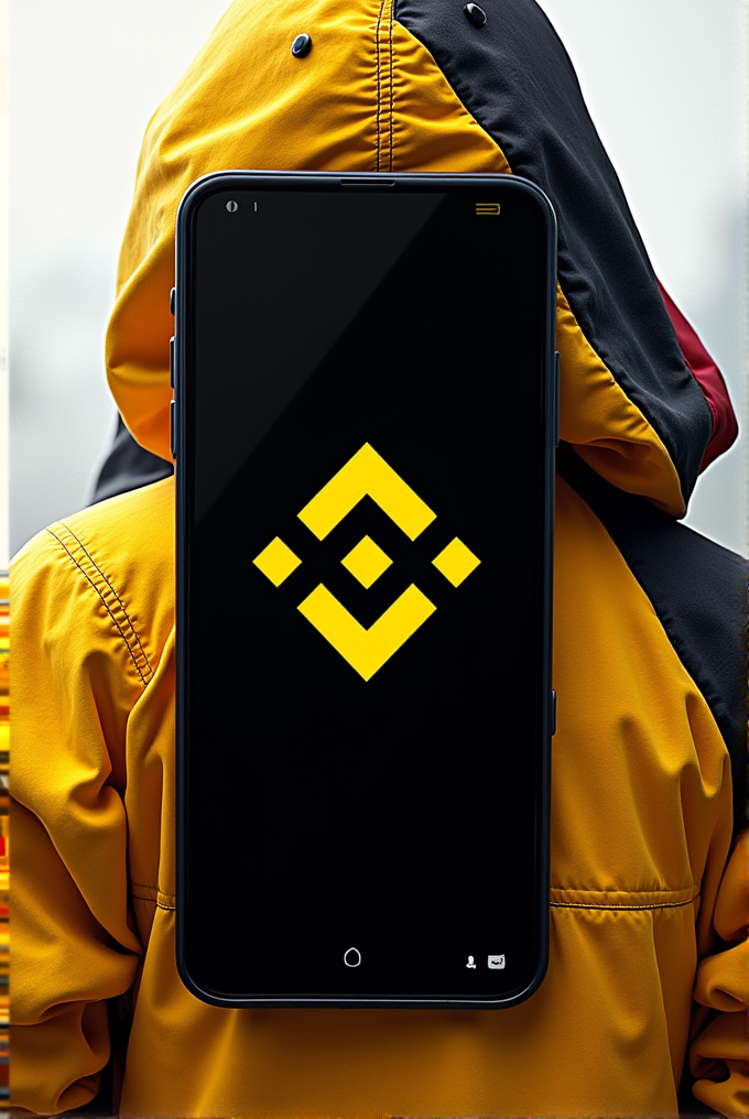 A person with a smartphone displaying a prominent yellow logo, merging technology with fashion.