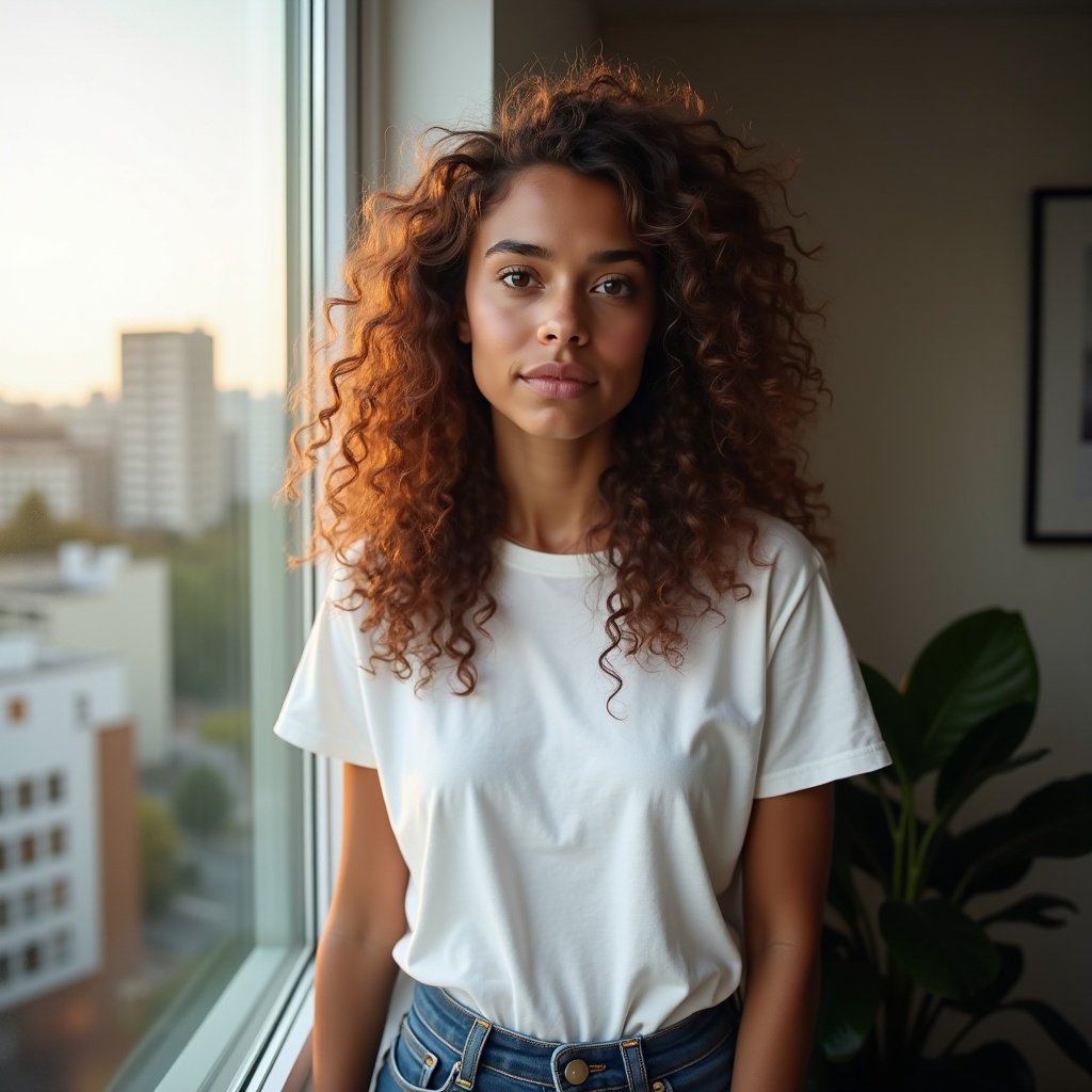 A portrait of a young woman with curly brown hair. She stands by a window in a modern apartment. Natural light softly illuminates her face. She wears a casual white t-shirt and denim jeans. Focus is sharp on her eyes. Blurred background of the cityscape. Golden hour light gives a soft glow to her skin. Shadows provide depth. Hair strands captured in detail.