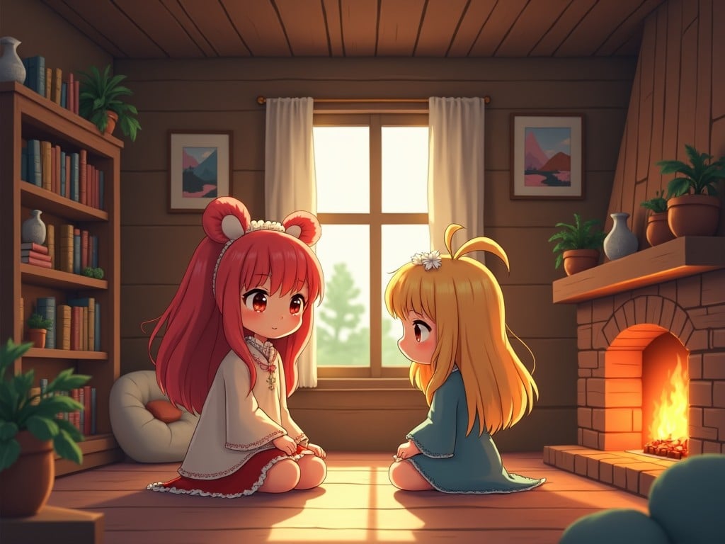 The image features two adorable animated characters sitting in a cozy wooden house. They are seated on the floor, facing each other with friendly expressions. The room is warmly lit by sunlight pouring through a window, illuminating the space. A fireplace adds to the inviting atmosphere, surrounded by plants and bookshelves. The characters have unique hairstyles and outfits, showcasing their distinct personalities.