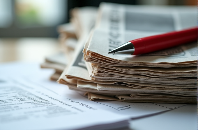 A red pen resting on a stack of newspapers, with documents slightly visible underneath.