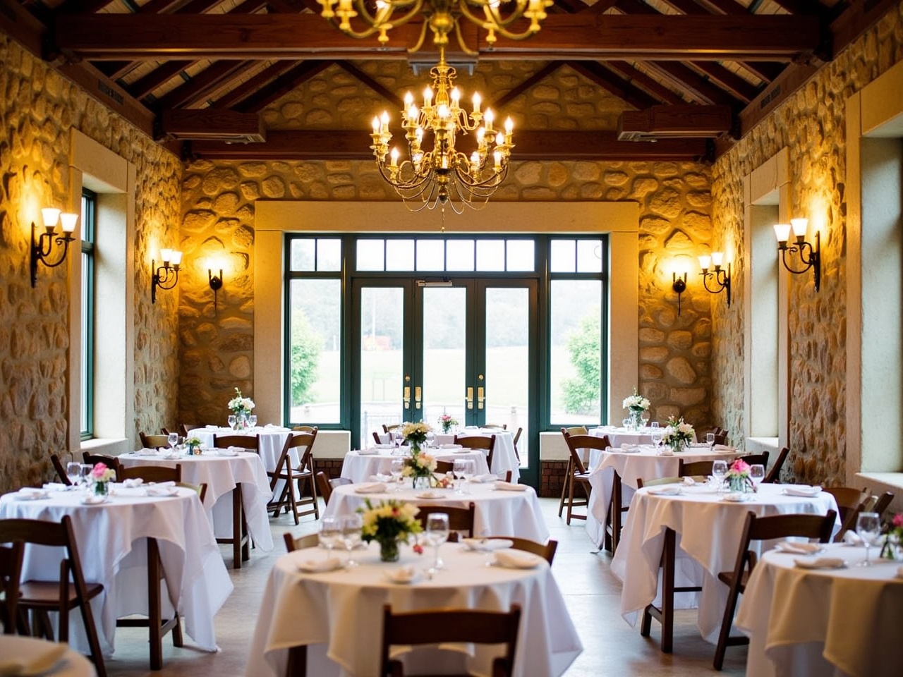 This image depicts a beautifully arranged dining area inside a rustic venue. The walls are made of natural stone, giving the space a warm and inviting feel. Wooden beams and chandeliers offer a cozy ambiance, complemented by soft lighting from hanging light fixtures. Tables are elegantly set with white tablecloths, plates, and floral centerpieces, creating a charming atmosphere for dining. There are several chairs around the tables, and large glass doors allow natural light to fill the room, adding to the overall enchanting vibe of the space.