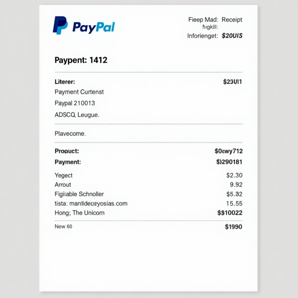 Image depicts a PayPal payment receipt showcasing a financial transaction. Features proof of payment amounting to $20USD to .wswy712. PayPal logo is prominent at the top. Contact information is visible. Overall design is clean and professional, typical of digital receipts.